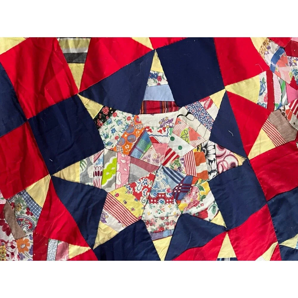 Vintage Handstitched Quilt Topper Red Navy Star Pattern Cottage core 82” x 71”